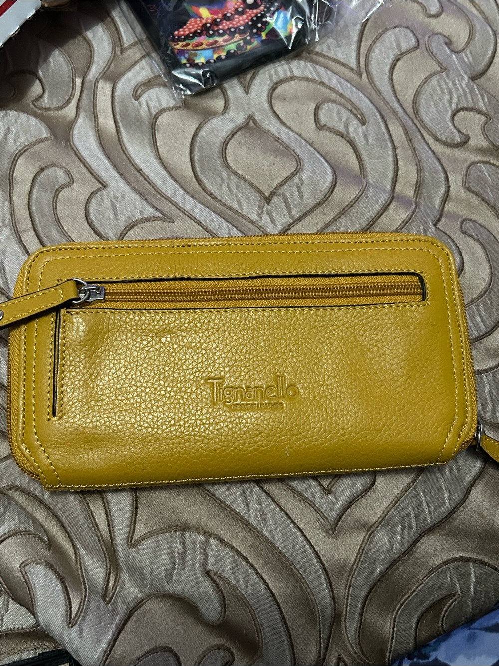 Tignanello Mustard Yellow Pebbled Leather Zip Wallet
